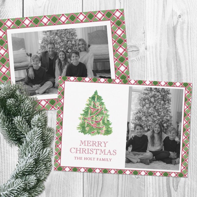 Tarjeta Festiva Acuarela Burgundy Plaid Christmas Tree Photo (Subido por el creador)