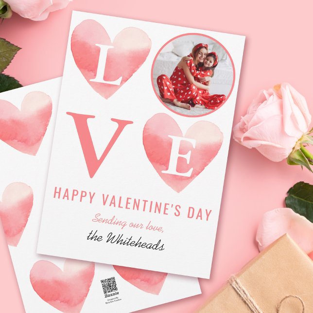 Tarjeta Festiva Acuarela Corazón rosa Foto de San Valentín (Send some love this Valentine's Day to your family and friends with this watercolor heart design.)