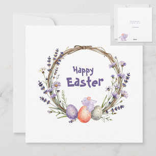 Tarjeta Festiva Acuarela Corona de Pascua Lavanda Huevos Conejito