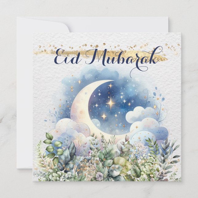 Tarjeta Festiva Acuarela Crescent Moon Eid Mubarak Oro Acento (Anverso)