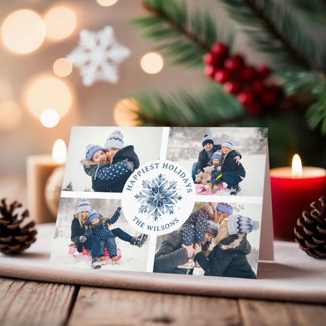 Tarjeta Festiva Acuarela Cristal Azul Snowflake 4 Collage de fotos (Subido por el creador)