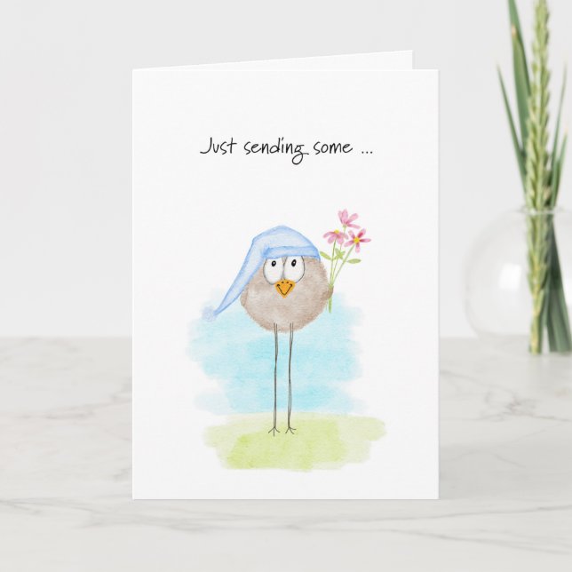 Tarjeta Festiva Acuarela de cumpleaños, pájaro pequeño con flores (Anverso)
