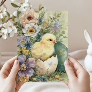 Tarjeta Festiva Acuarela de flores silvestres de Pascua y pollito 