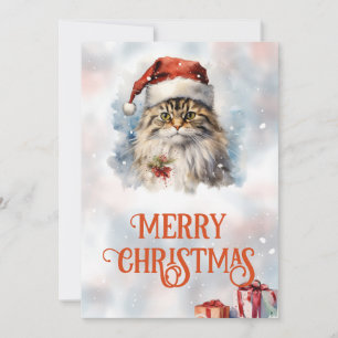 Tarjeta Festiva Acuarela de gato para navidades