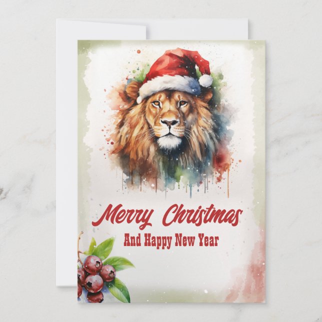 Tarjeta Festiva Acuarela de León de navidades (Anverso)