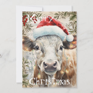 Tarjeta Festiva Acuarela de Navidades de invierno de vaca