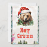 Tarjeta Festiva Acuarela de oso para navidades<br><div class="desc">animal de la naturaleza del oso alegre, pintura de color de agua roja graciosa, navidades de arte abrazan a gorra, nieve silvestre de árbol, frío santa claus copo de nieve, navidades navideños felices de invierno, osos adorables animales de la naturaleza bestia, pintura de color de agua roja graciosa, navidades de...</div>