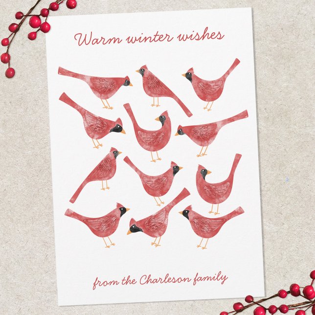Tarjeta Festiva Acuarela de pájaros cardinales festivos personaliz (Fun red and white watercolor Cardinal bird personalized Christmas Holiday card)