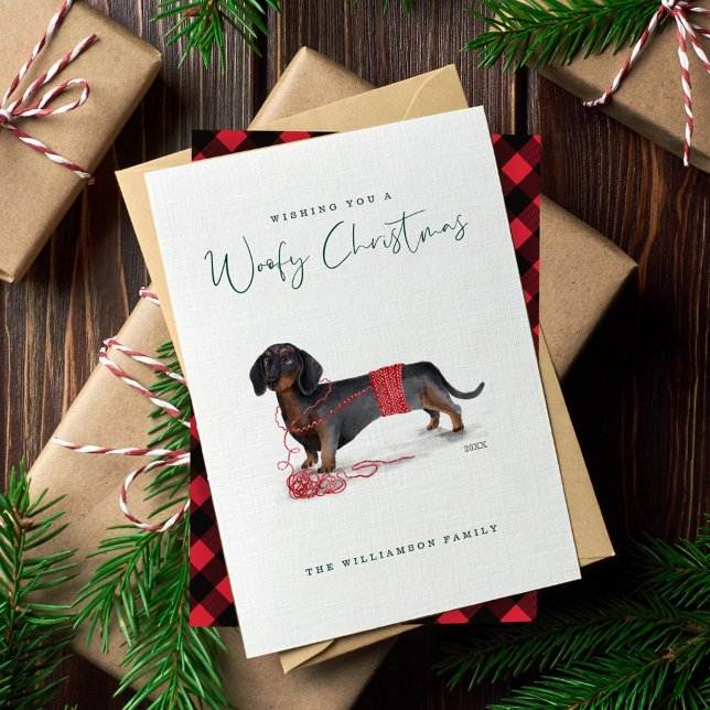 Tarjeta Festiva Acuarela de perro traviesa Dachshund Suéter tritur (Naughty Dog Watercolor Dachshund Shredded Sweater Holiday Card)