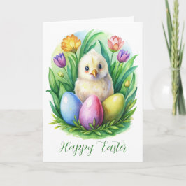 Tarjeta Festiva Acuarela de primavera con pollo tierno y huevos te