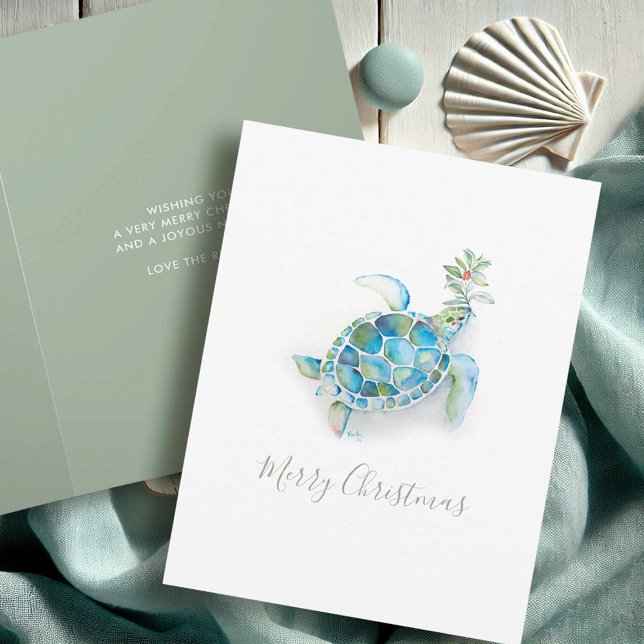 Tarjeta Festiva Acuarela de tortuga marina de Navidades costeros (Beach Christmas cards watercolor sea turtle art by Victoria Grigaliunas of Do Tell A Belle)