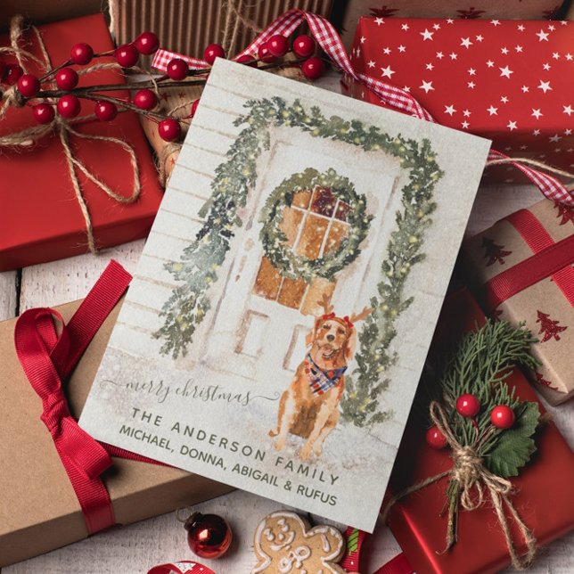 Tarjeta Festiva Acuarela de vacaciones Snowowage Golden Retriever (Subido por el creador)