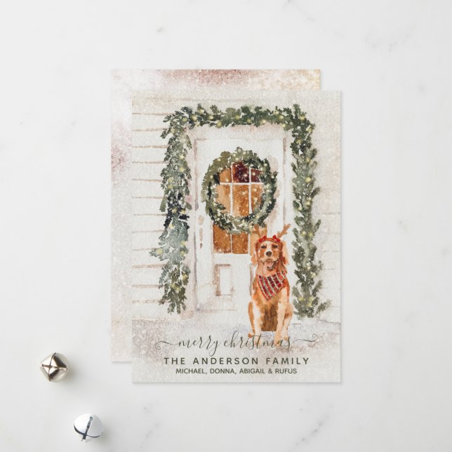 Tarjeta Festiva Acuarela de vacaciones Snowowage Golden Retriever (Anverso/Reverso In Situ)