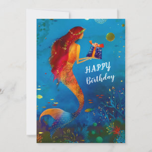 Tarjeta Festiva Acuarela Deep Blue Sea Purpurina Mermaid