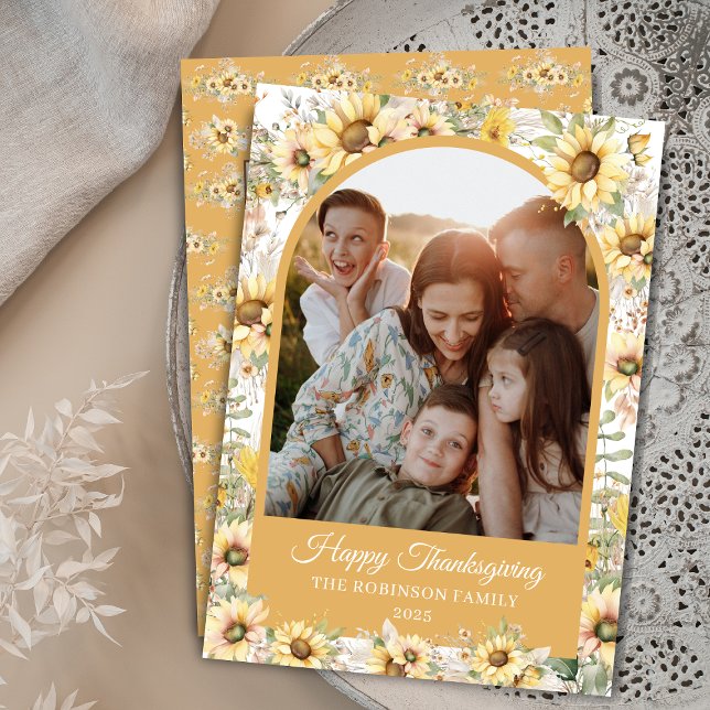 Tarjeta Festiva Acuarela del Arco Otoño Feliz Día de Acción de Gra (elegant autumn fall watercolor sunflowers happy thanksgiving cards with arch photo for family work)
