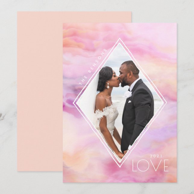 Tarjeta Festiva Acuarela Diamante Peach Pink Purple Agate (Anverso / Reverso)