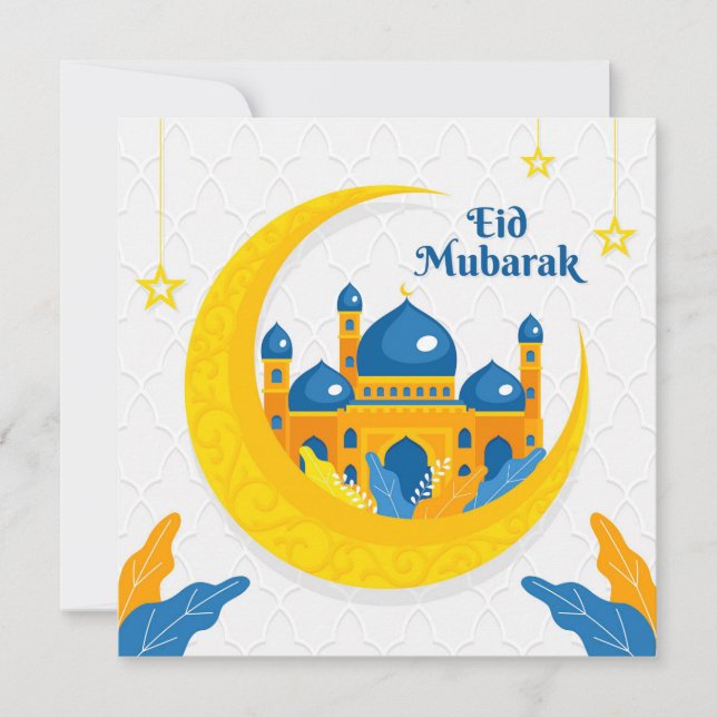 Tarjeta Festiva Acuarela Eid Mubarak Mezquita Crescent Amarillo Az (Anverso)