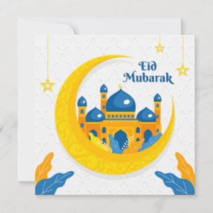 Tarjeta Festiva Acuarela Eid Mubarak Mezquita Crescent Amarillo Az