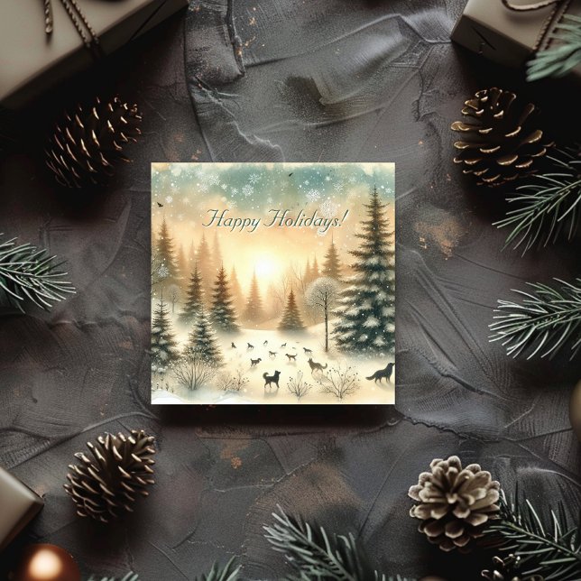 Tarjeta Festiva Acuarela El invierno cae en el paisaje de nieve (Watercolor Winter falling snow landscape Holiday Card)