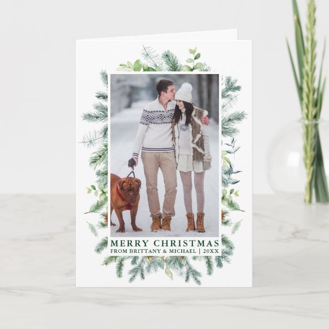 Tarjeta Festiva Acuarela Elegante Marco Pino Pareja Verde Fold (Anverso)