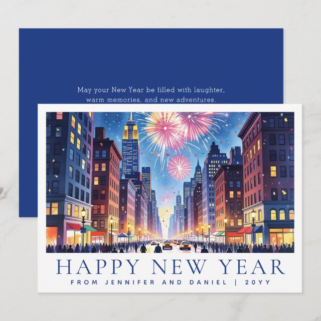 Tarjeta Festiva Acuarela Feliz Año Nuevo Fuegos Artificiales de Nu (Anverso / Reverso)