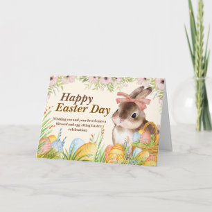 Tarjeta Festiva Acuarela Feliz Día de Pascua Conejo Floral con Laz