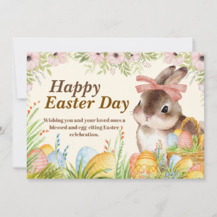 Tarjeta Festiva Acuarela Feliz Día de Pascua Conejo Floral con Laz