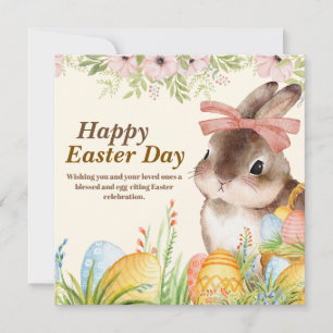 Tarjeta Festiva Acuarela Feliz Día de Pascua Conejo Floral con Laz