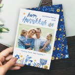 Tarjeta Festiva Acuarela Feliz Hanukkah Peace Love Latkes Foto<br><div class="desc">Envíe sus deseos con esta tarjeta de vacaciones fotográfica que incluye un guión de acuarela Happy Hanukkah y velas de Menorah para resaltar su mensaje de bienvenida.</div>
