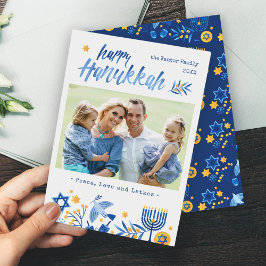 Tarjeta Festiva Acuarela Feliz Hanukkah Peace Love Latkes Foto