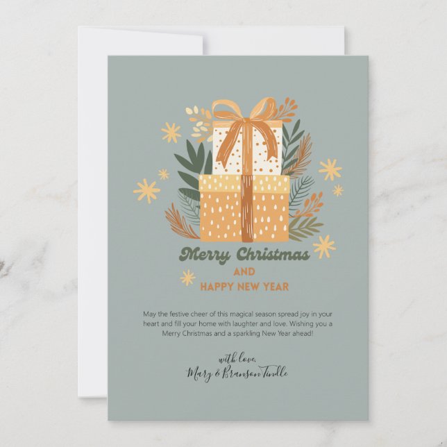 Tarjeta Festiva Acuarela "Feliz Navidad" Regalos y vegetación (Anverso)