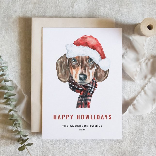 Tarjeta Festiva Acuarela festiva Dachshund Santa Happy Howlidays (Subido por el creador)