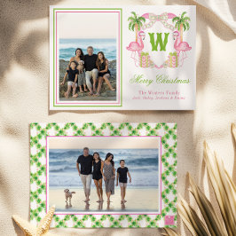 Tarjeta Festiva Acuarela Flamingo Rosa Monograma Foto Escudo