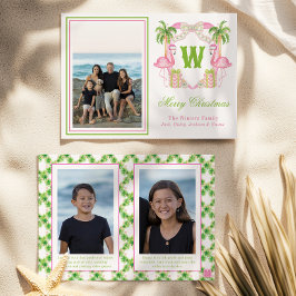 Tarjeta Festiva Acuarela Flamingo Rosa Monograma Foto Escudo