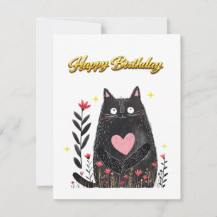 Tarjeta Festiva Acuarela Floral Gato Negro Corazón Rosa Cumpleaños