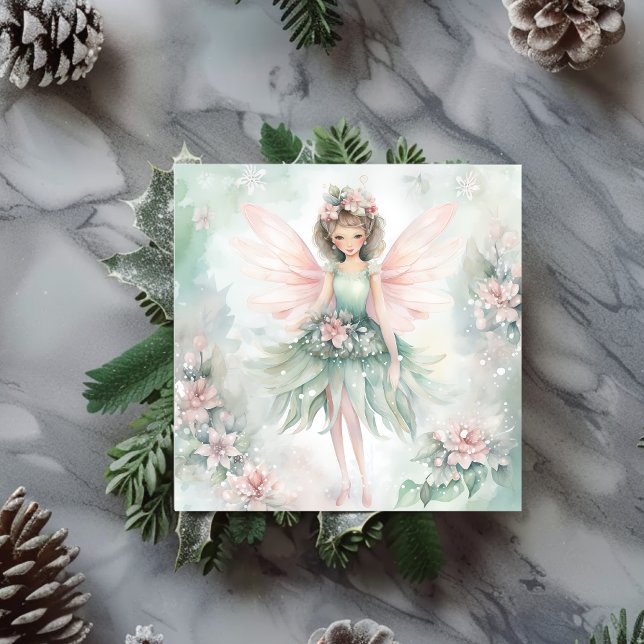 Tarjeta Festiva Acuarela Flores lecheras rosadas y menta (Watercolor Fairy flowers pink and mint Holiday Card)