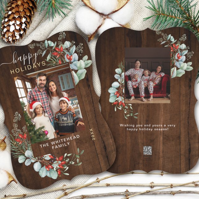 Tarjeta Festiva Acuarela Foto Botánica Madera Oscura (You will love these beautiful Christmas cards! They feature botanical watercolor pine and berries.)