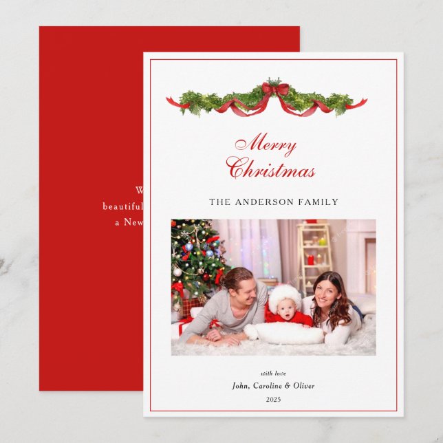 Tarjeta Festiva Acuarela Garland y Navidades de fotografía con arc (Anverso / Reverso)