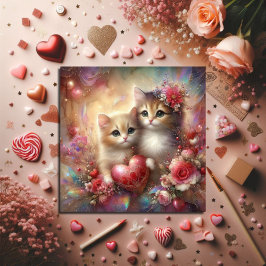Tarjeta Festiva Acuarela Gatitos Flores Corazón San Valentín