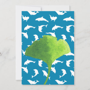 Tarjeta Festiva Acuarela Ginkgo botánico hoja delfín océano