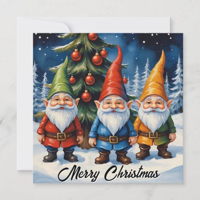 Tarjeta Festiva Acuarela Gnomas Navideños Coloridos Bosque de Invi (Anverso)