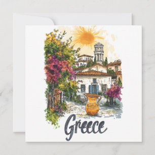 Tarjeta Festiva Acuarela Grecia: Escena de aldea con flores
