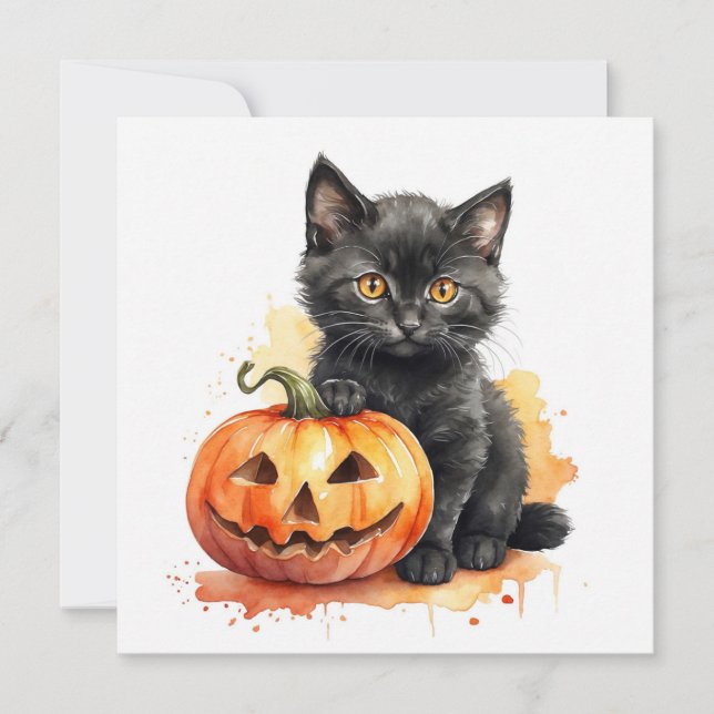 Tarjeta Festiva Acuarela Halloween Gatito negro y calabaza (Anverso)