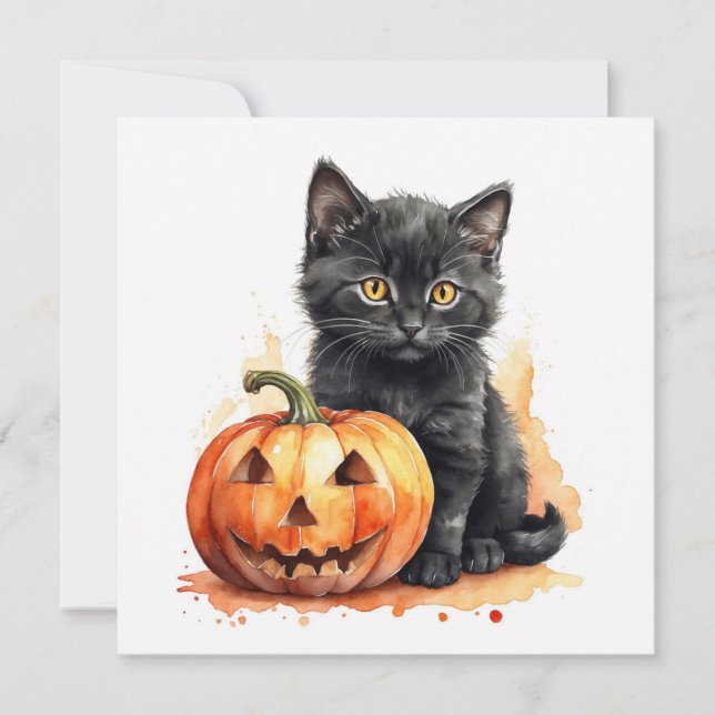 Tarjeta Festiva Acuarela Halloween Gato negro con calabaza (Anverso)