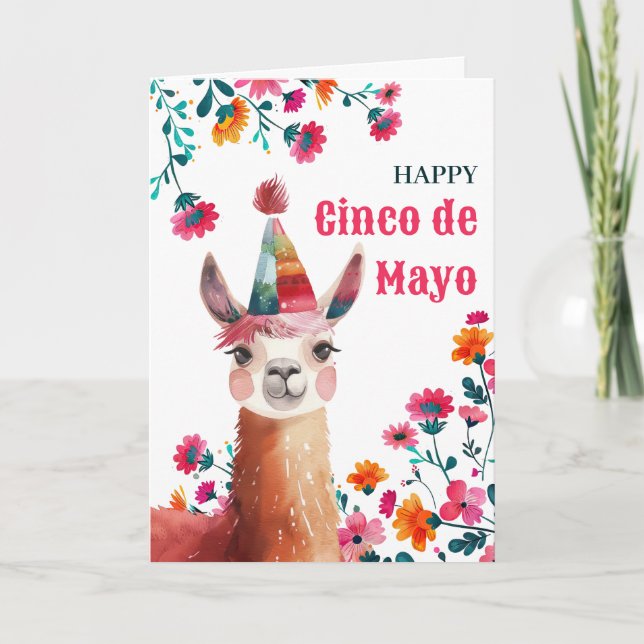 Tarjeta Festiva Acuarela Lama Fuchsia Floral Feliz Cinco de Mayo (Anverso)