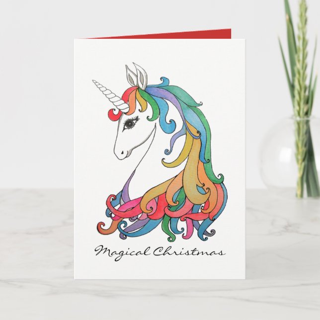 Tarjeta Festiva Acuarela lindo arco iris unicornio (Anverso)