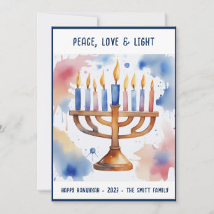 Tarjeta Festiva Acuarela Menorah Happy Hanukkah