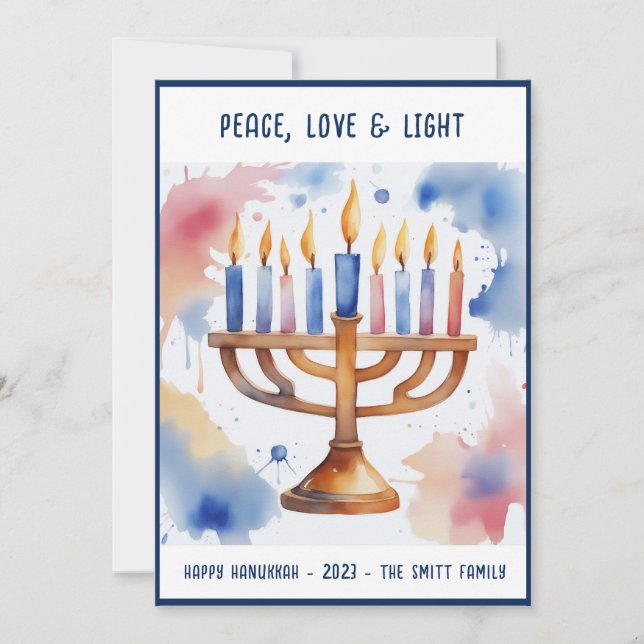 Tarjeta Festiva Acuarela Menorah Happy Hanukkah (Anverso)