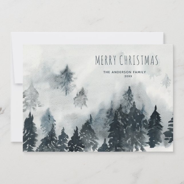Tarjeta Festiva Acuarela Misty Mountain Pines Snowy (Anverso)