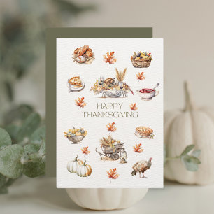 Tarjeta Festiva Acuarela Moderna de Otoño en Verde Día de Acción d